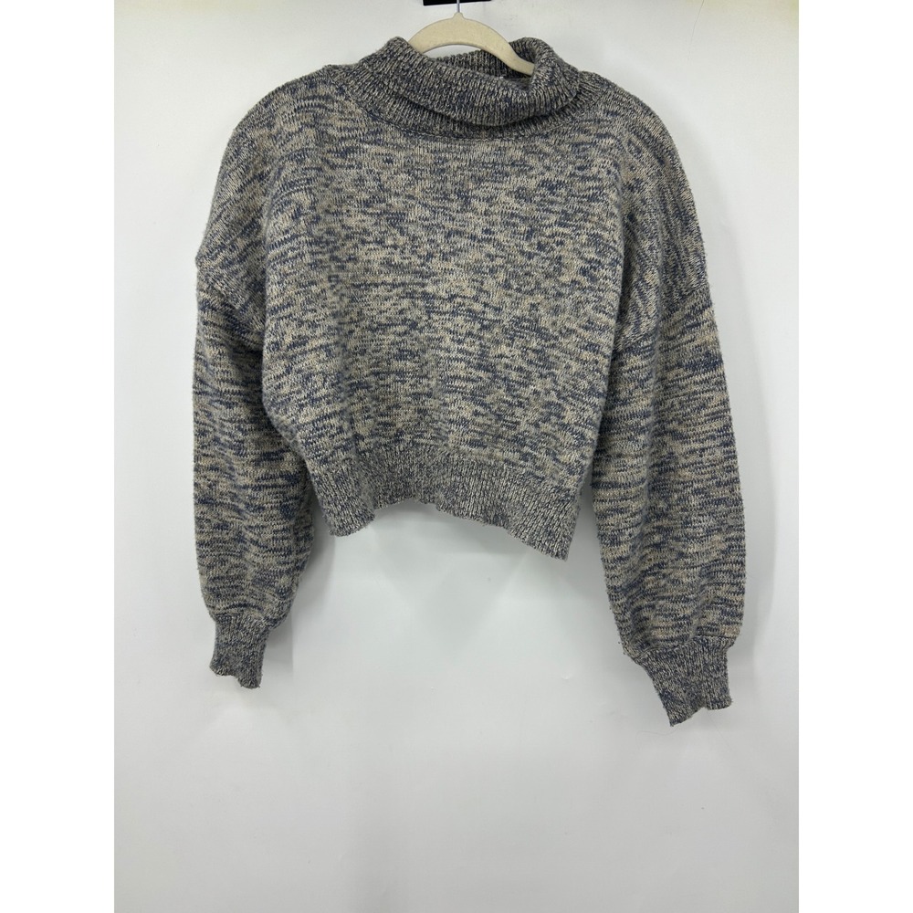 Sage The Label Womens Blue Tan Space Dye Cropped Turtleneck Sweater Size M